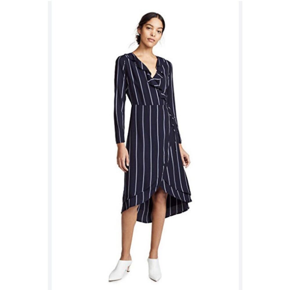 Rails Priya Navy Blue Metallic Stripe Ruffle Wrap Midi Dress Sz L Party Classic